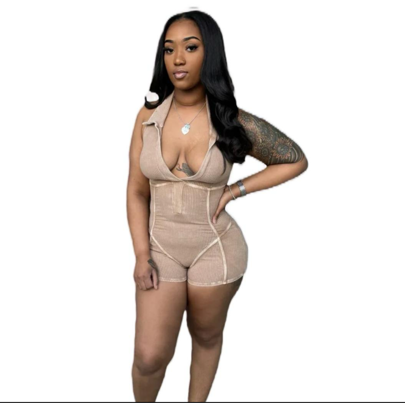 “Golden” Bodycon Ribbed Halter Romper