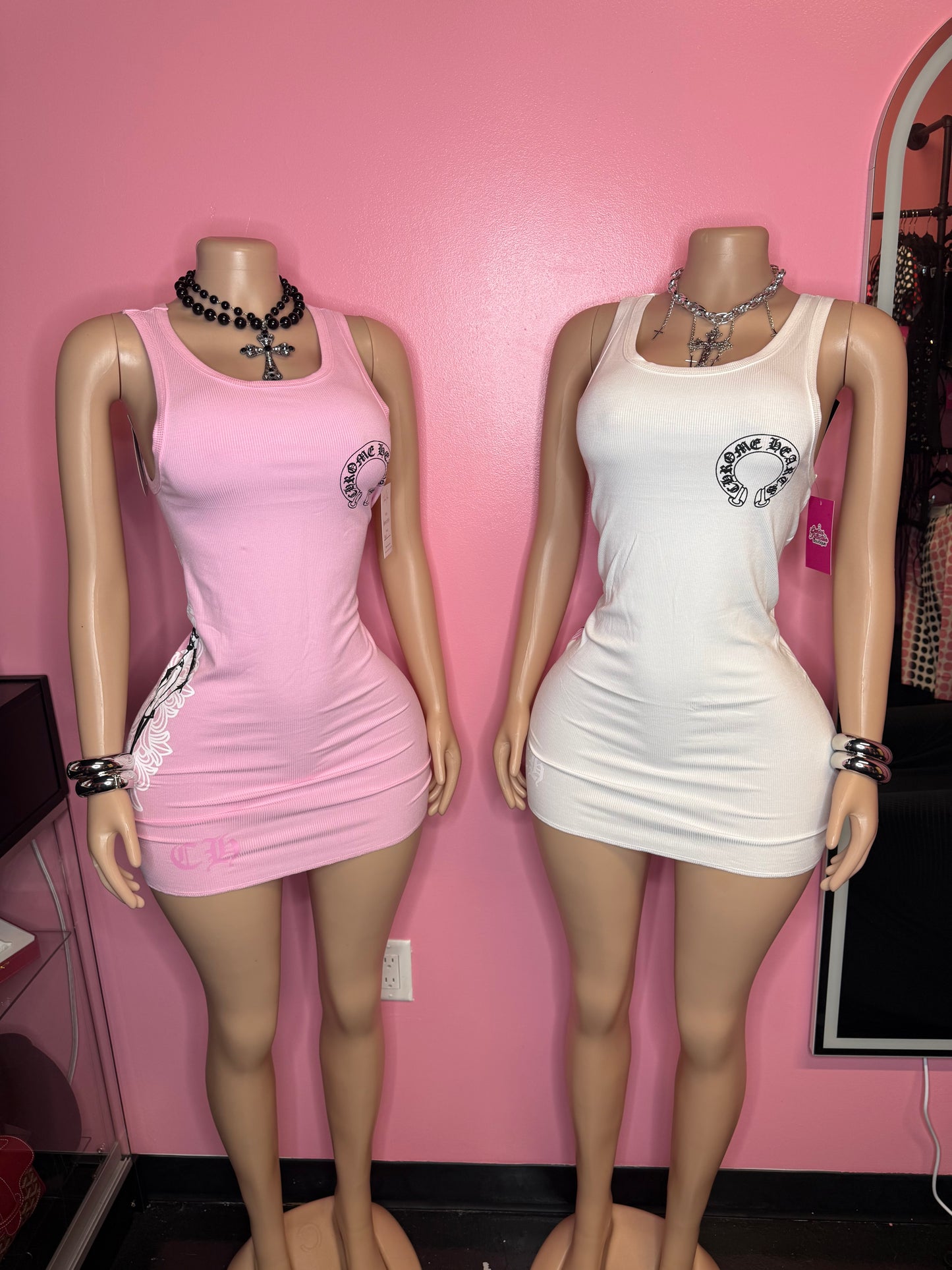 "Pink Chrome Heart Sleeveless Tank Dress"