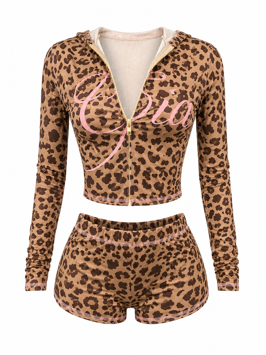 "Khaki Lepord Gia Short Set”